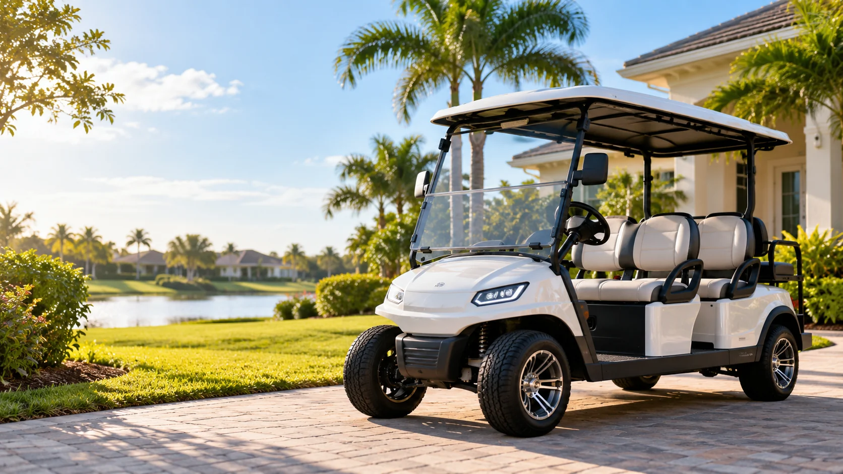Illustrative electric golf cart parked near a sunny Florida-style home
